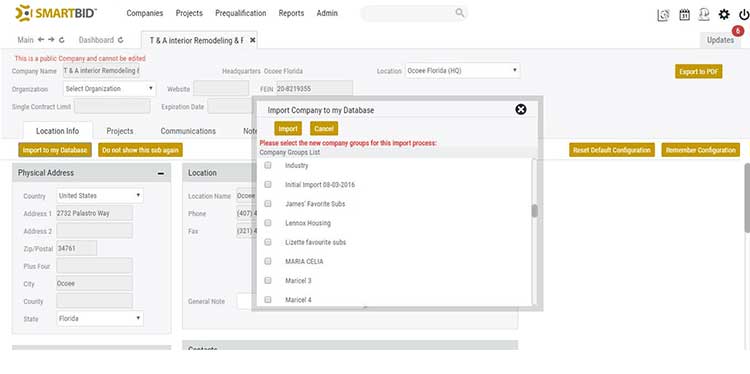 SmartBid's built-in subcontractor database