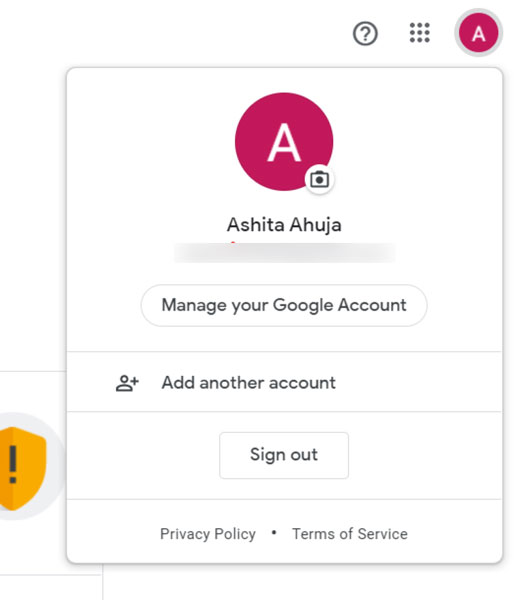 Google account profile menu with options to manage the account, add another account, and sign out