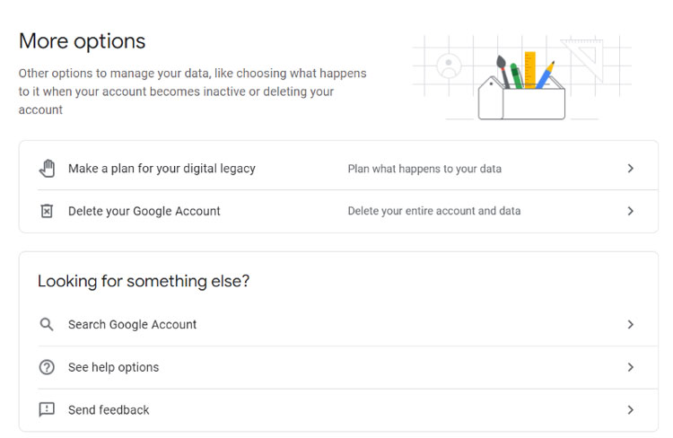 Options for managing data, including planning digital legacy and deleting the Google account