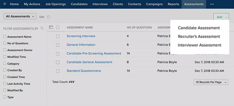 Zoho Recruit Candidate Evaluation Categories