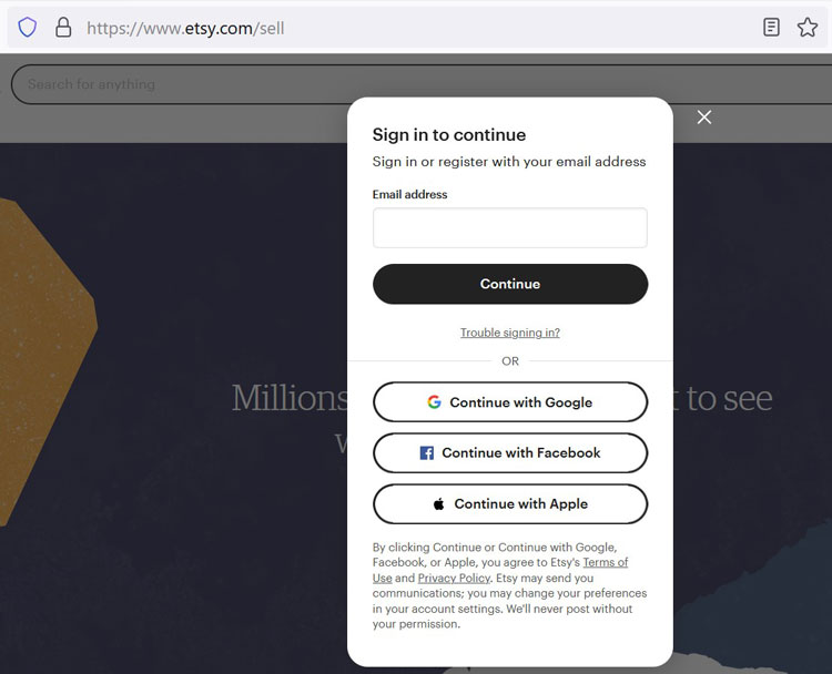 Etsy SignIn Page