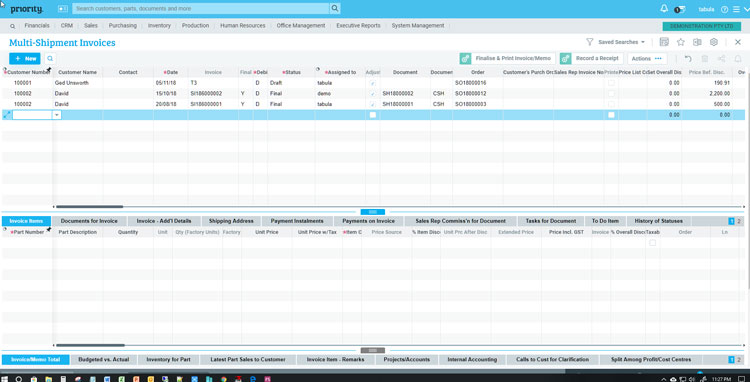 Priority ERP Multi-Shipment Invoice Module