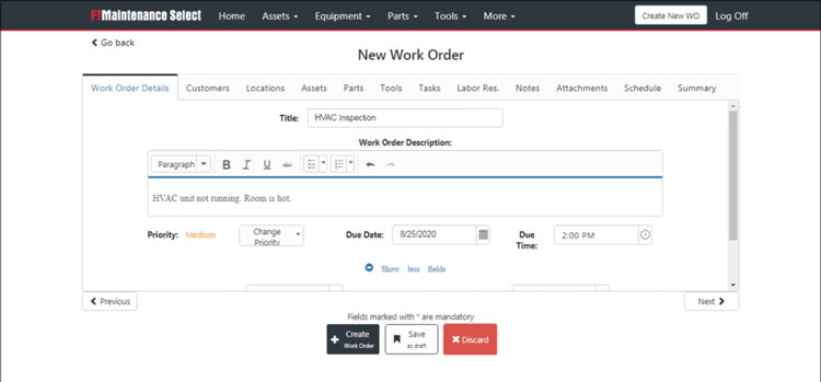 FTMaintenance New Work Order Management