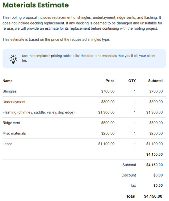 Roofing Construction Proposal Materials Estimate