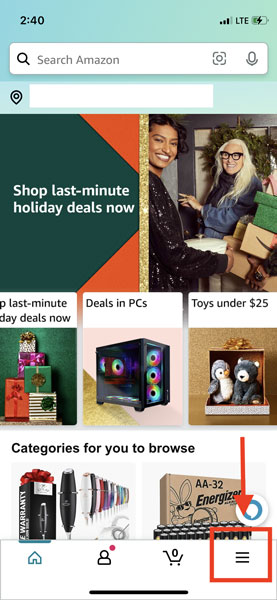 Amazon Mobile App Hamburger Menu