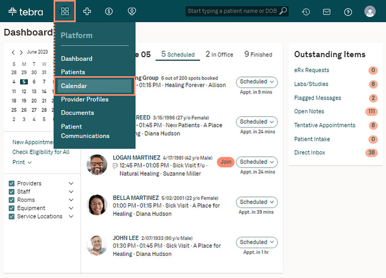 Tebra Calendar To View Patient Appointment Booking