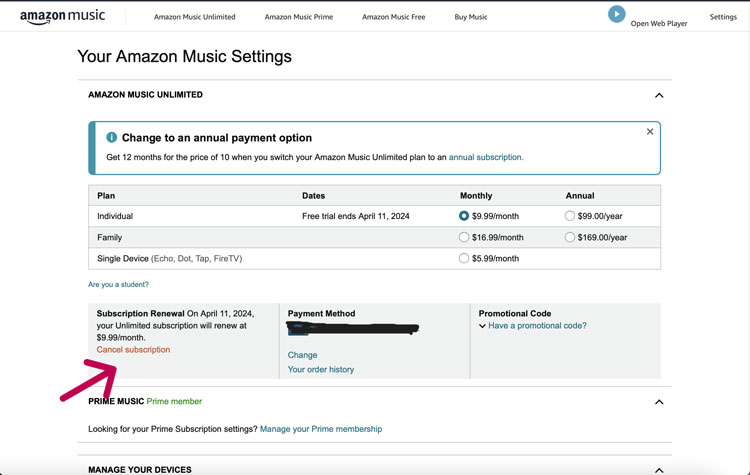 Amazon Music Subscription Settings