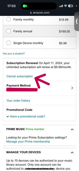 Cancel Amazon Music Subscription Option