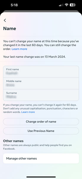 Edit Name Page in FB Mobile