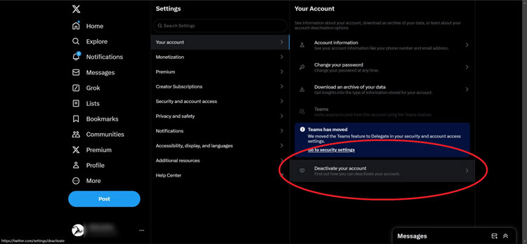 Deactivate Your Account Option Under Your Account Option in X