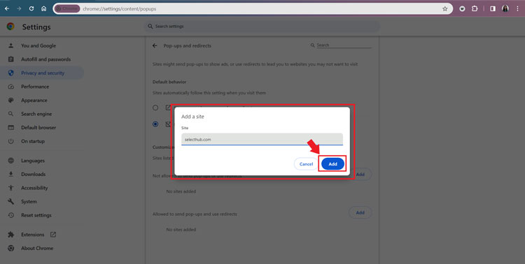 Add Sites to Customized Behavior Settings