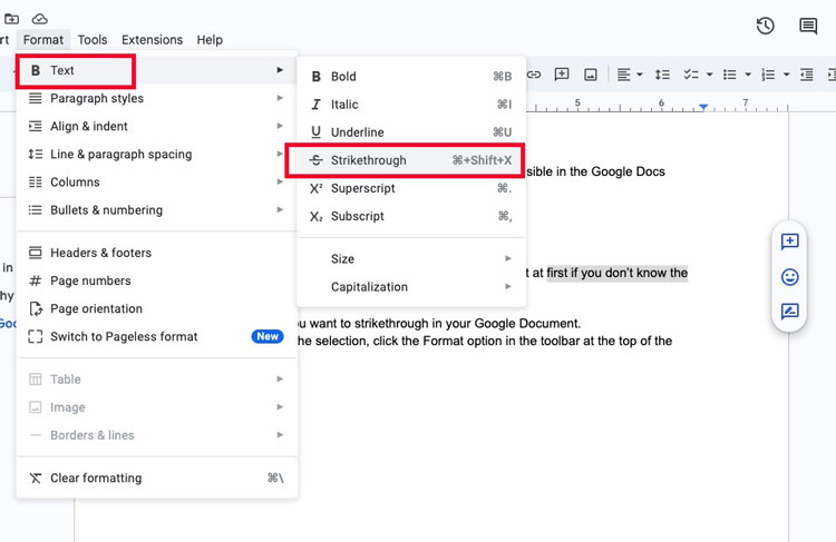 Strikethrough Option Under Text Option in Format Tab in Google Doc