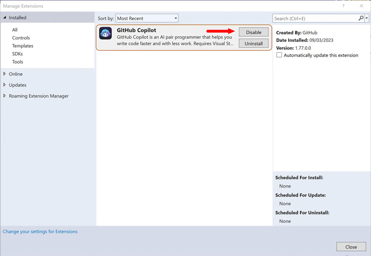 Extension Management in Visual Studio with GitHub Copilot Highlighted