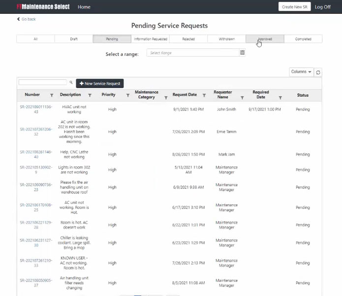 Pending Service Requests in Maintenance Select