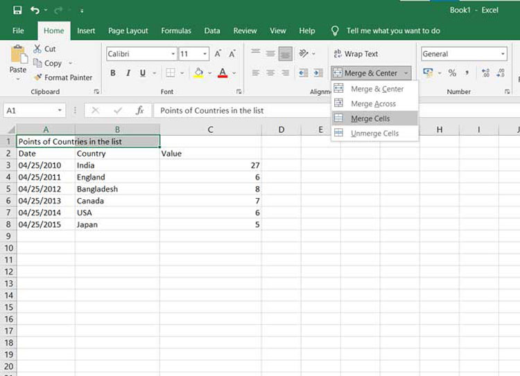 Microsoft Excel Merger and Center Options