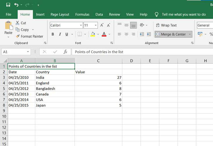 Microsoft Excel Merged Cells Example