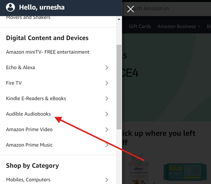 Amazon sidebar menu highlighting the 'Audible Audiobooks' option