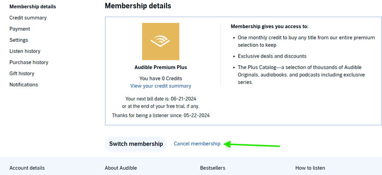 Audible Membership Details with Cancel Membership Option