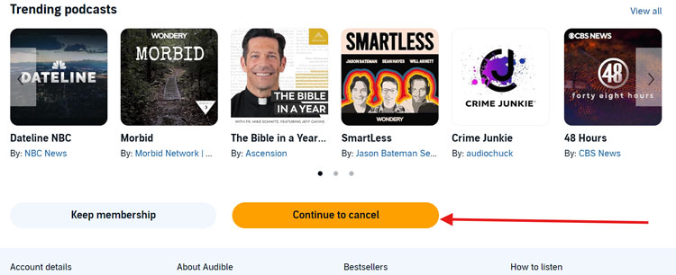 Audible Continue to cancel Button