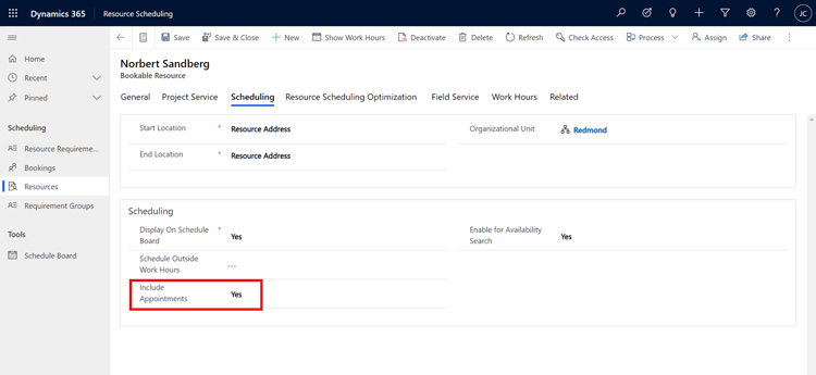 Dynamics 365 resource scheduling interface showing appointments