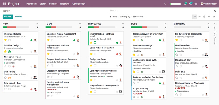 Kanban board view of project management tasks categorized by status in Odoo