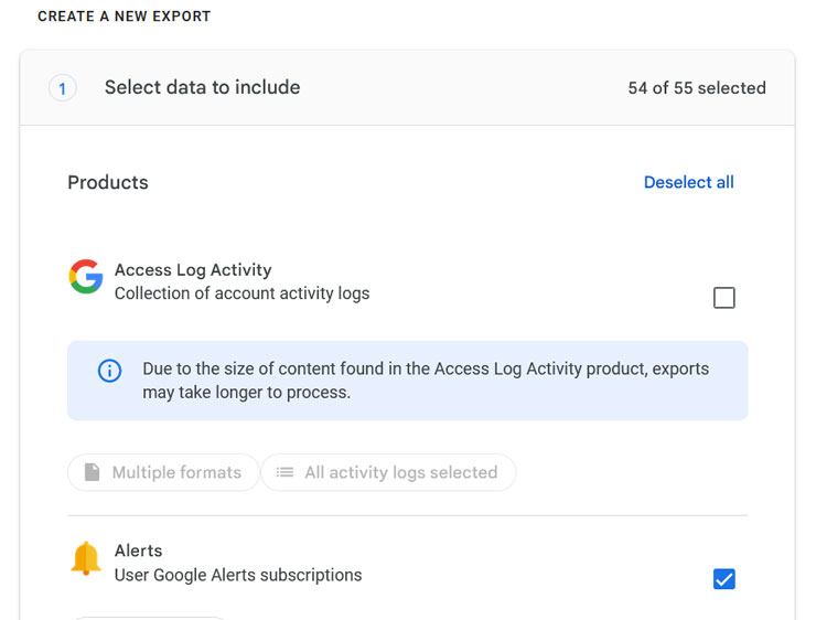 Settings page for Google's new log activity