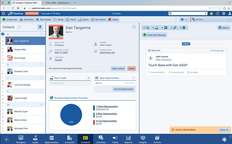 Pipeliner CRM interface showing contact details, business opportunities, and reminders for a contact