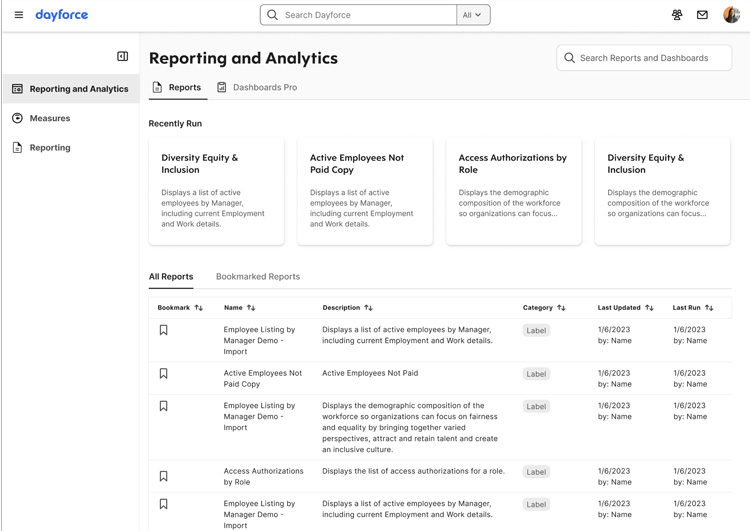 Dayforce Reporting and Analytics dashboard with recent and bookmarked reports