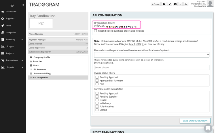 Tradogram API configuration screen showing organization token setup