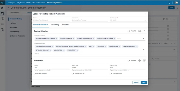 Forecasting method configuration window displaying feature selection, parameters, and options for Auto ML in Demand Planning Software Blue Yonder