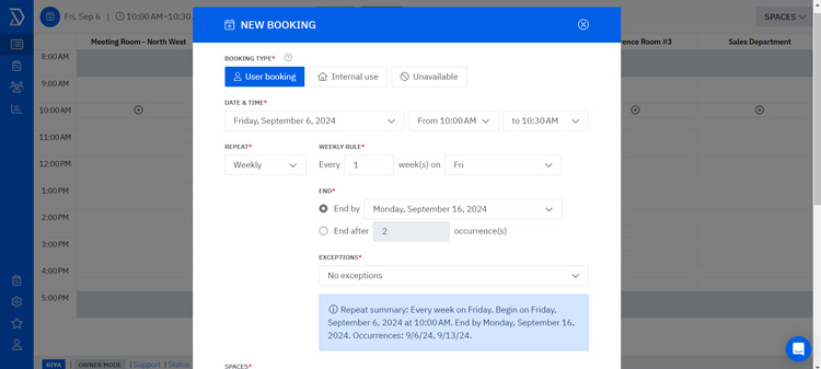 Skedda new booking interface showing user booking details, date, time, and repeat settings