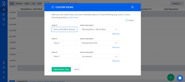 Skedda custom views setup interface showing space filtering and view creation options