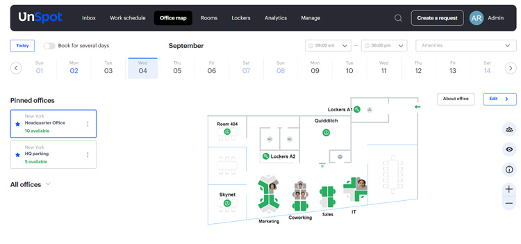 UnSpot office map interface showing pinned offices and available workspaces