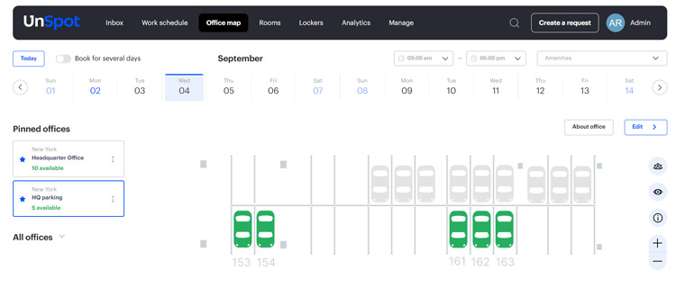 UnSpot office map interface showing parking space availability and reservations