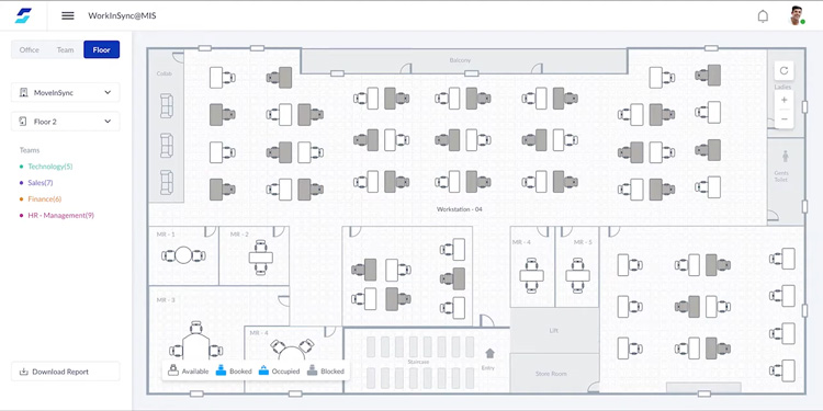 WorkInSync floor plan interface showing workspace availability and team assignments