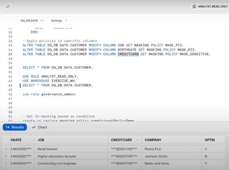 SQL script implementing column masking policies with query results displayed