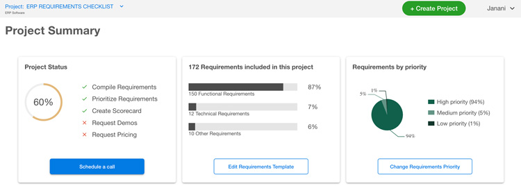 ERP project summary with status, requirements breakdown, and priorities in SelectHub Express App