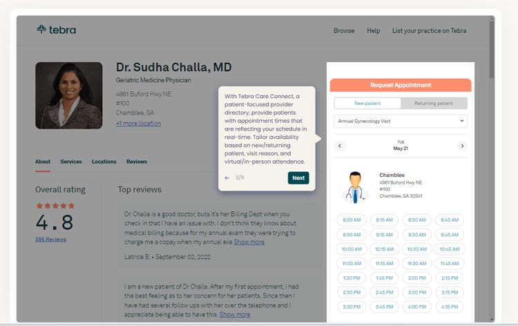 Doctor profile with reviews and appointment scheduling interface on Tebra