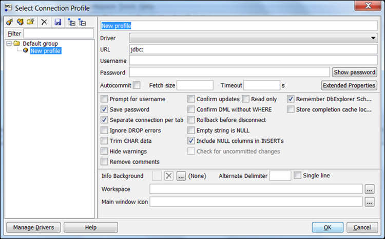 Database connection profile setup window with various configuration options.