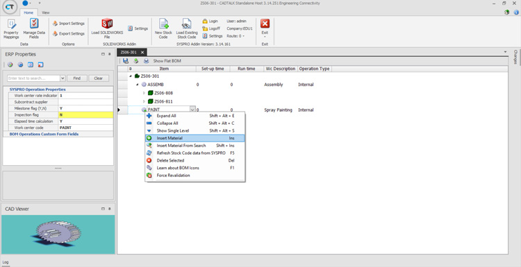 SYSPRO CAD interface displaying BOM operations and material insertion options